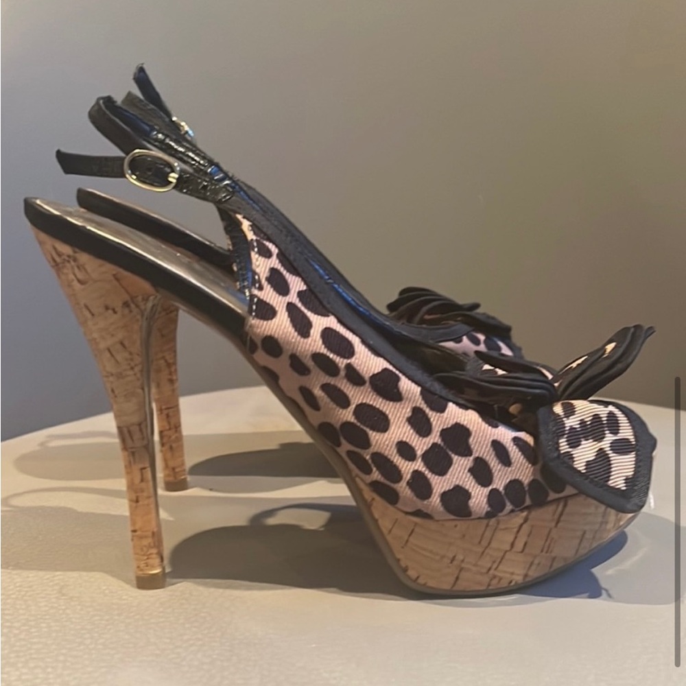 Guess Sexy Women’s Slingback Peep-Toe Cork Platform Heels in Leopard